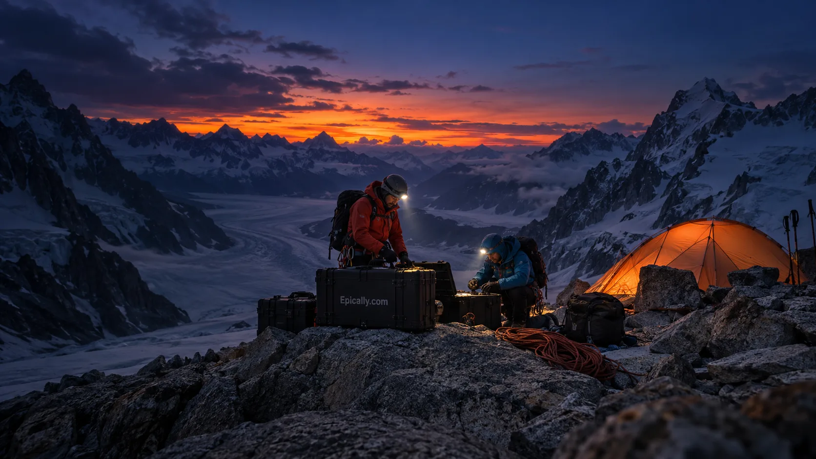 An expedition team at a mountain camp above a glacier at sunset