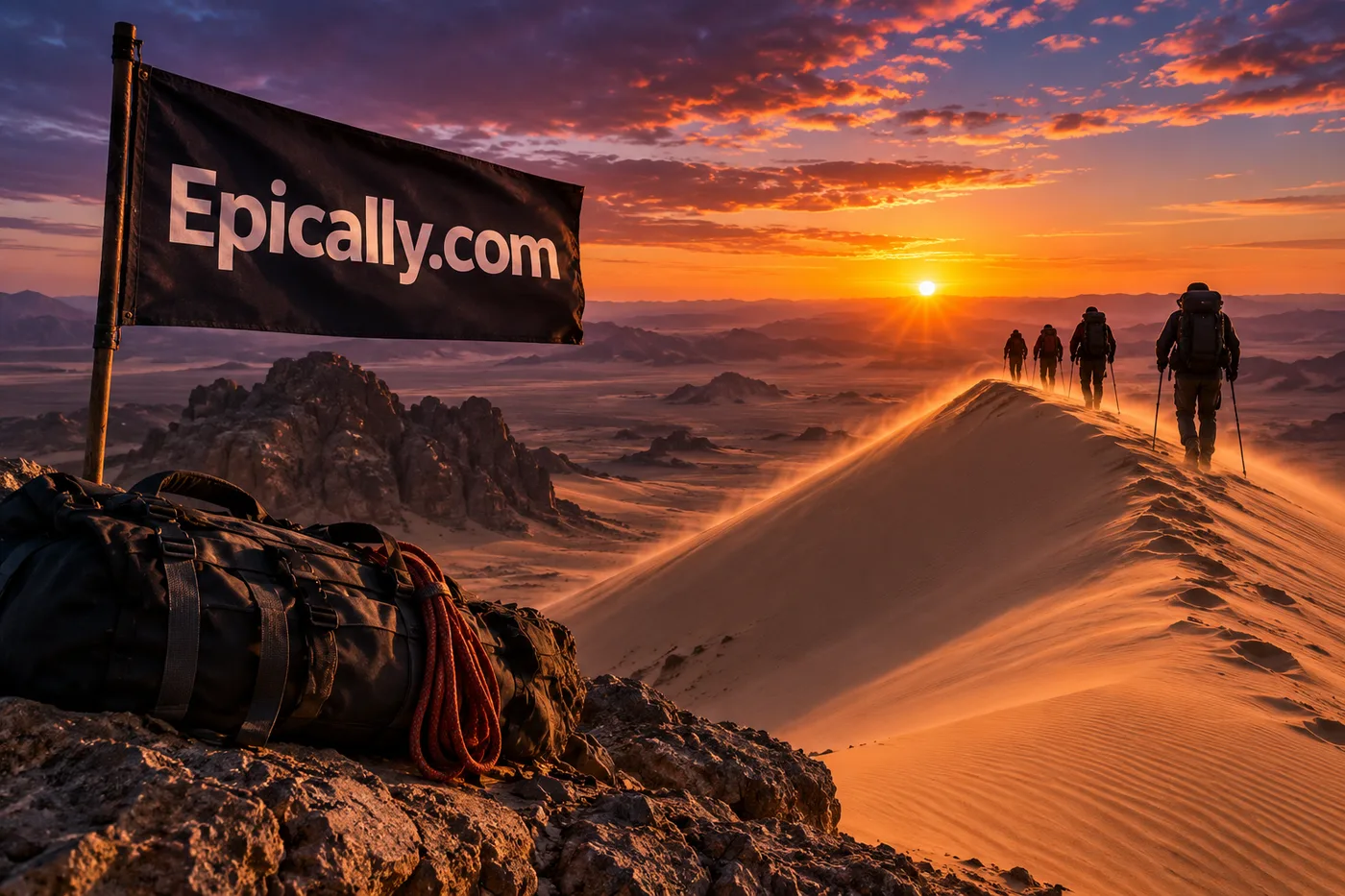 Hikers crossing a desert ridge at sunset beside an Epically.com expedition flag